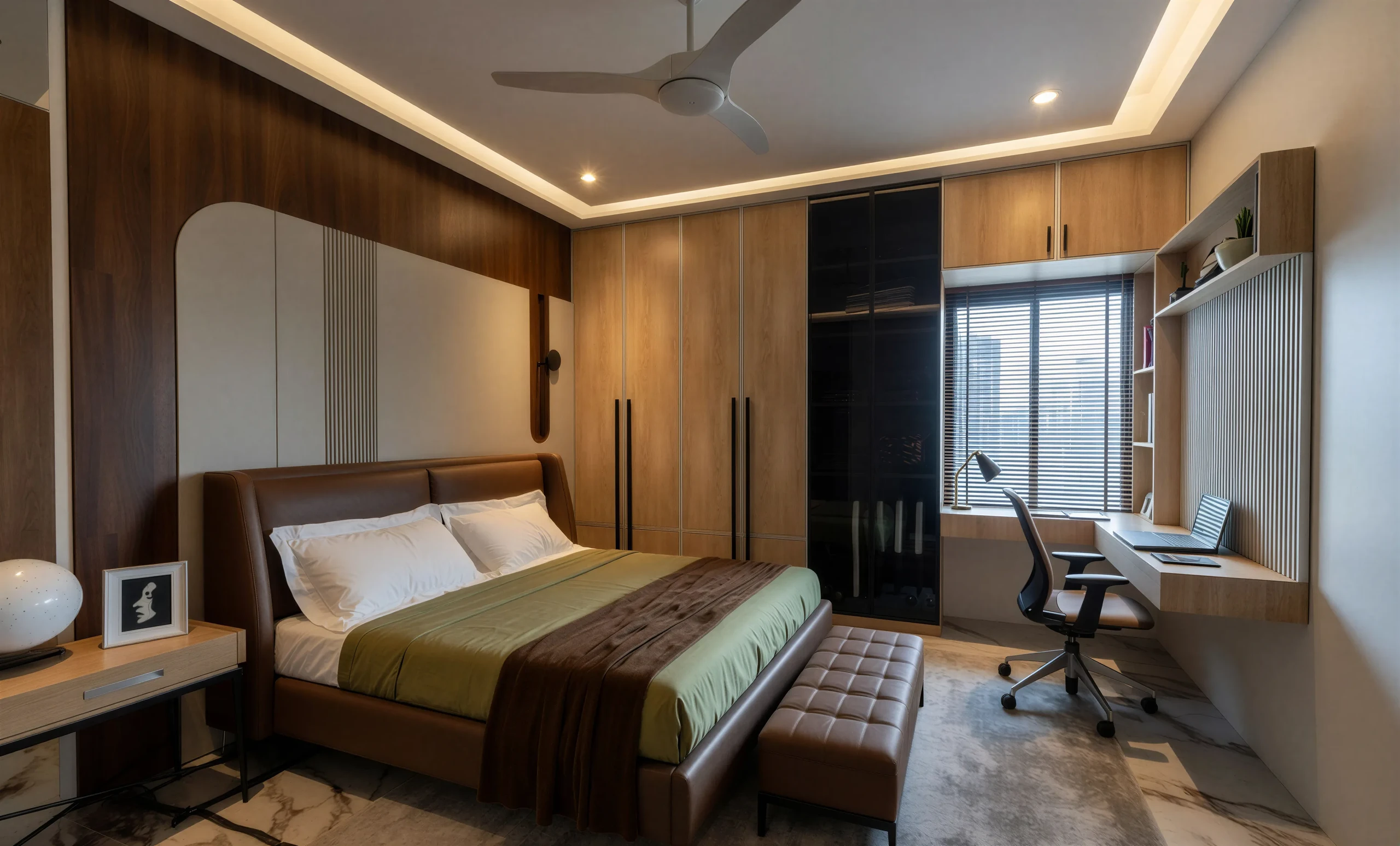 Bedroom with leather bed and wood panelling