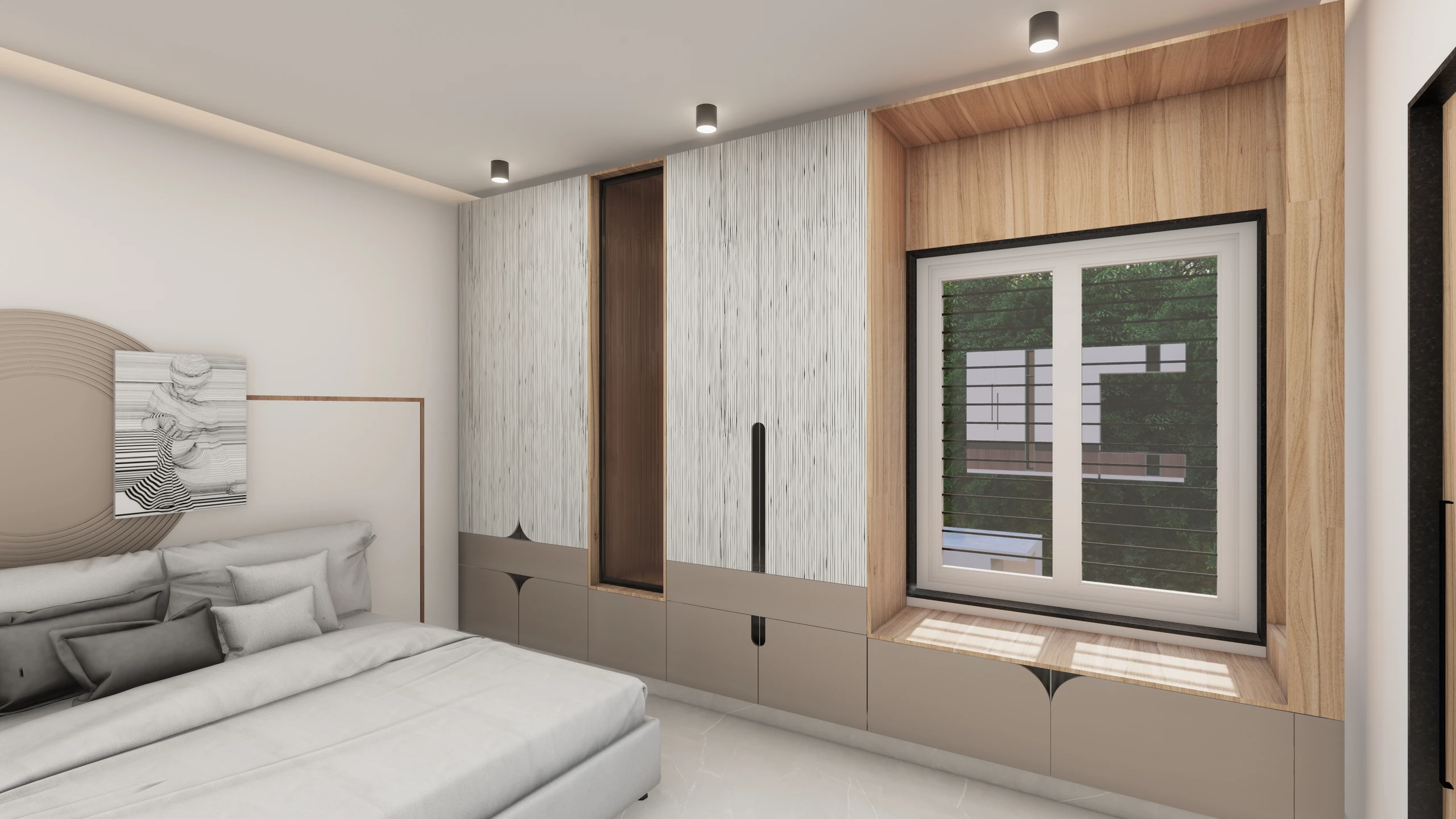 Bedroom with fluted wardrobes and window seat