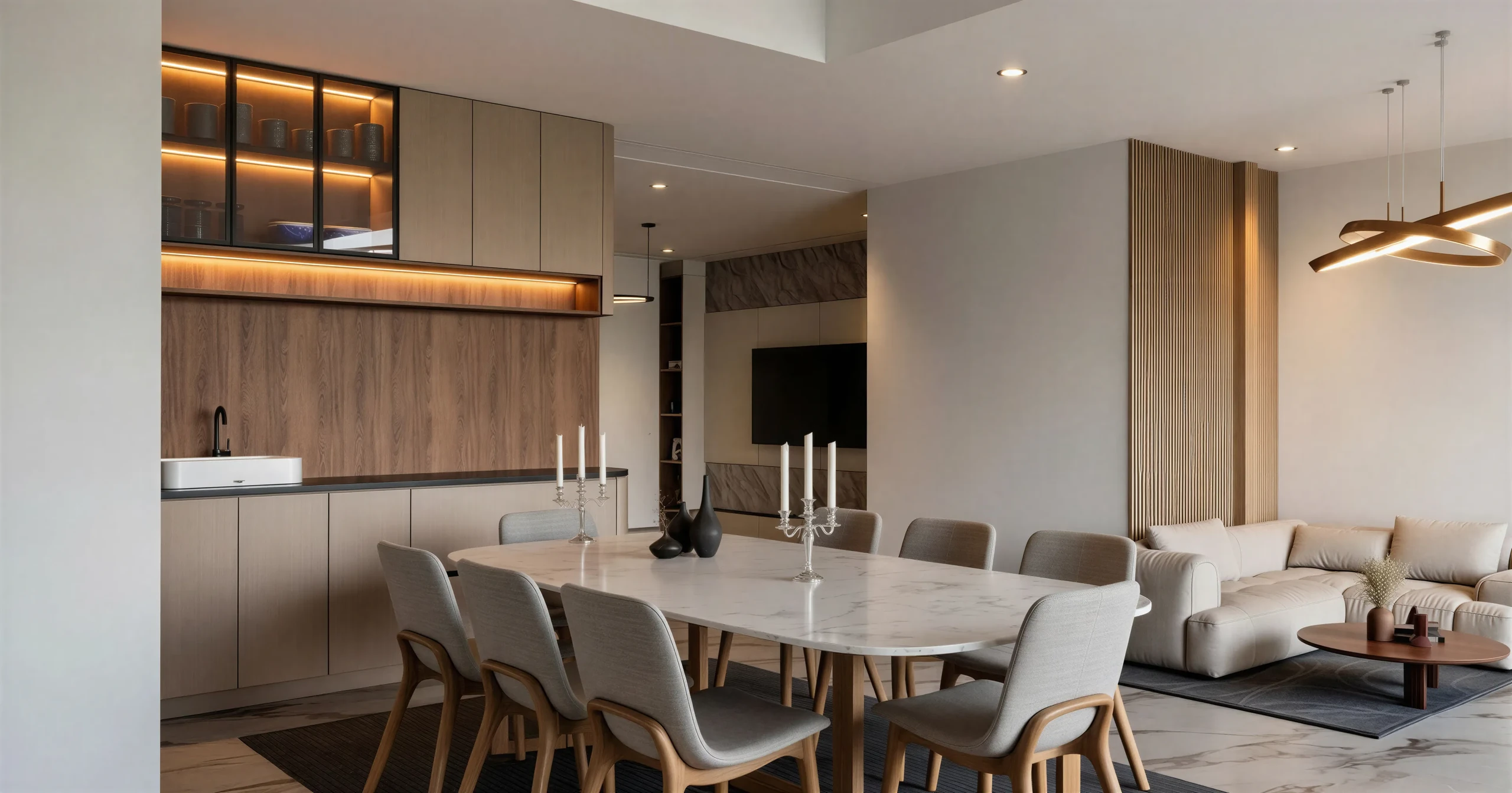 Dining room with lit crockery unit
