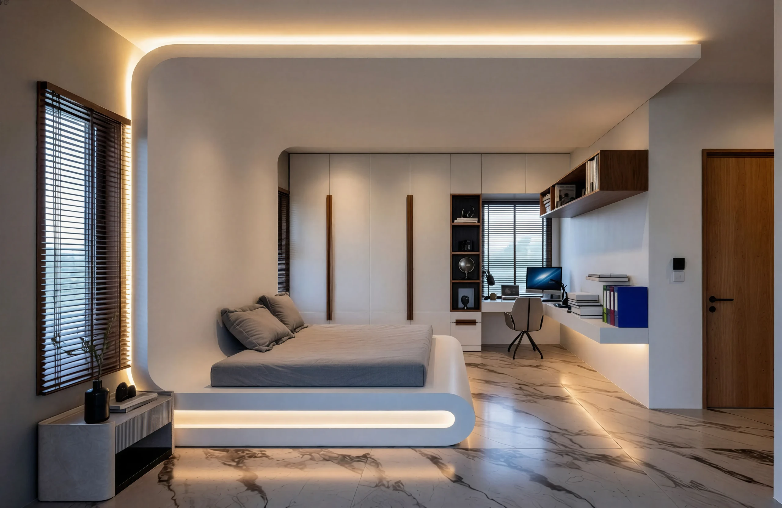 Guest bedroom with sculpted bed and cove lighting