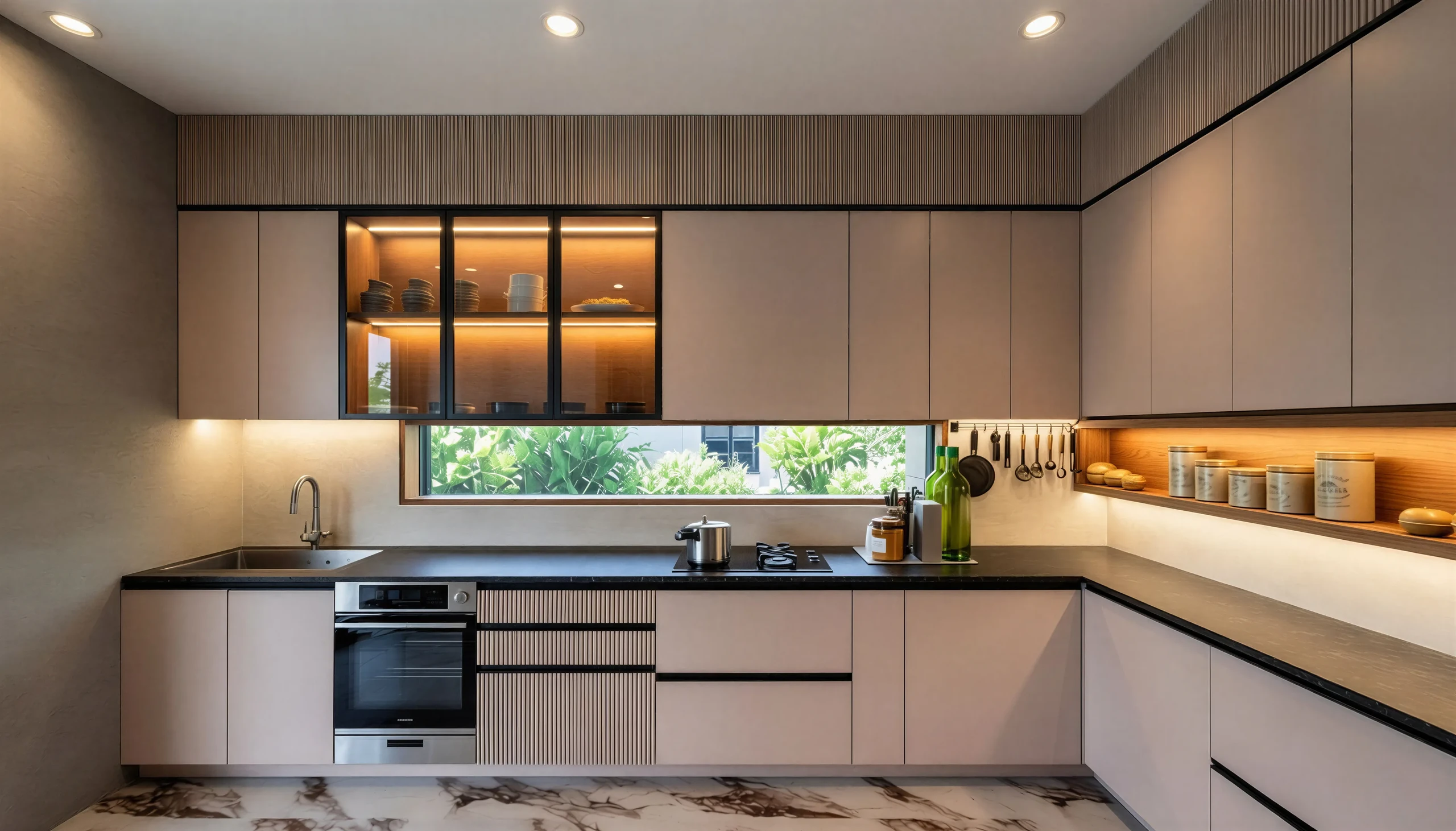 Modular kitchen with city-view slit window