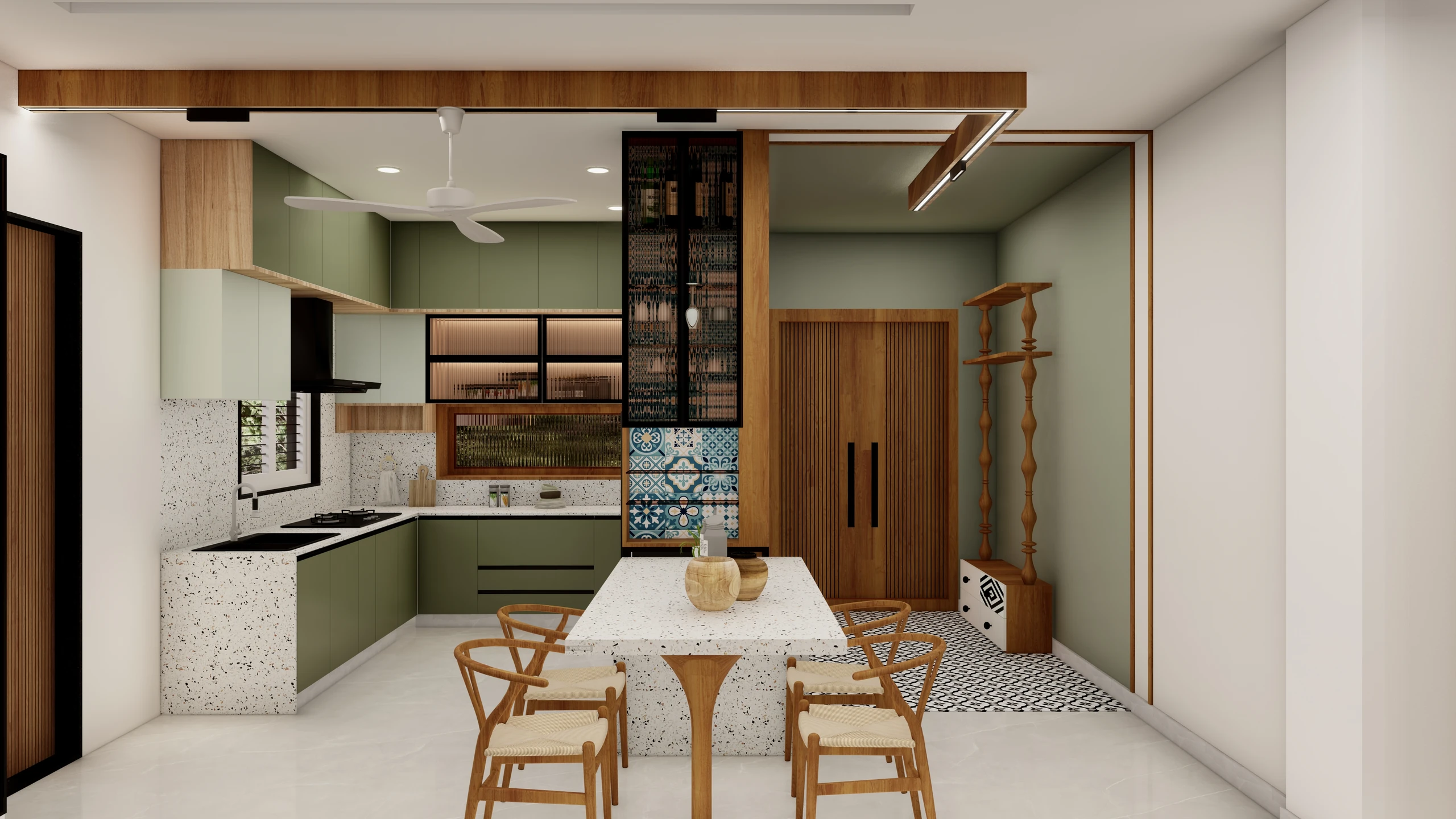 Sage green kitchen and dining