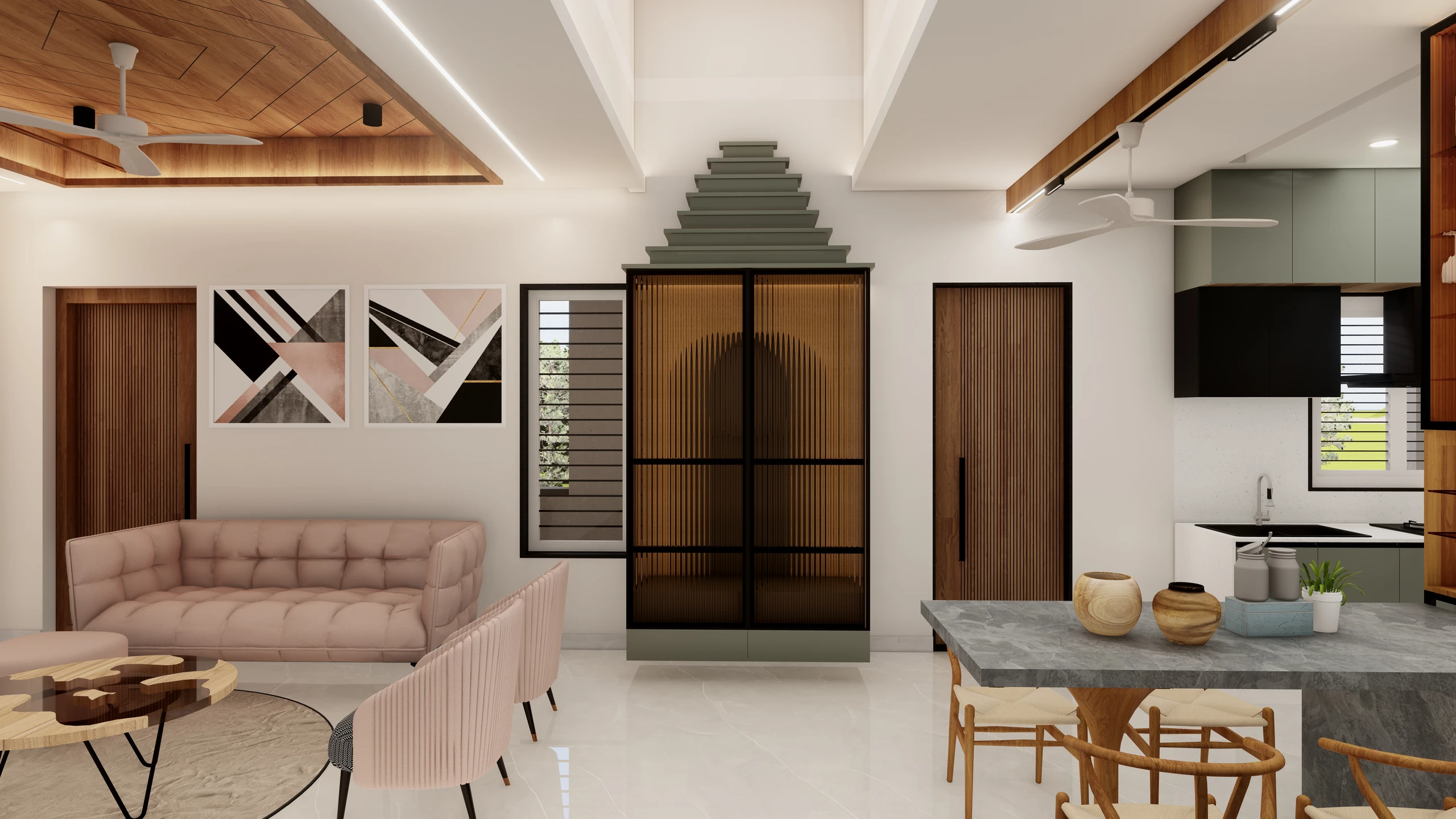 Living room with stepped pooja unit