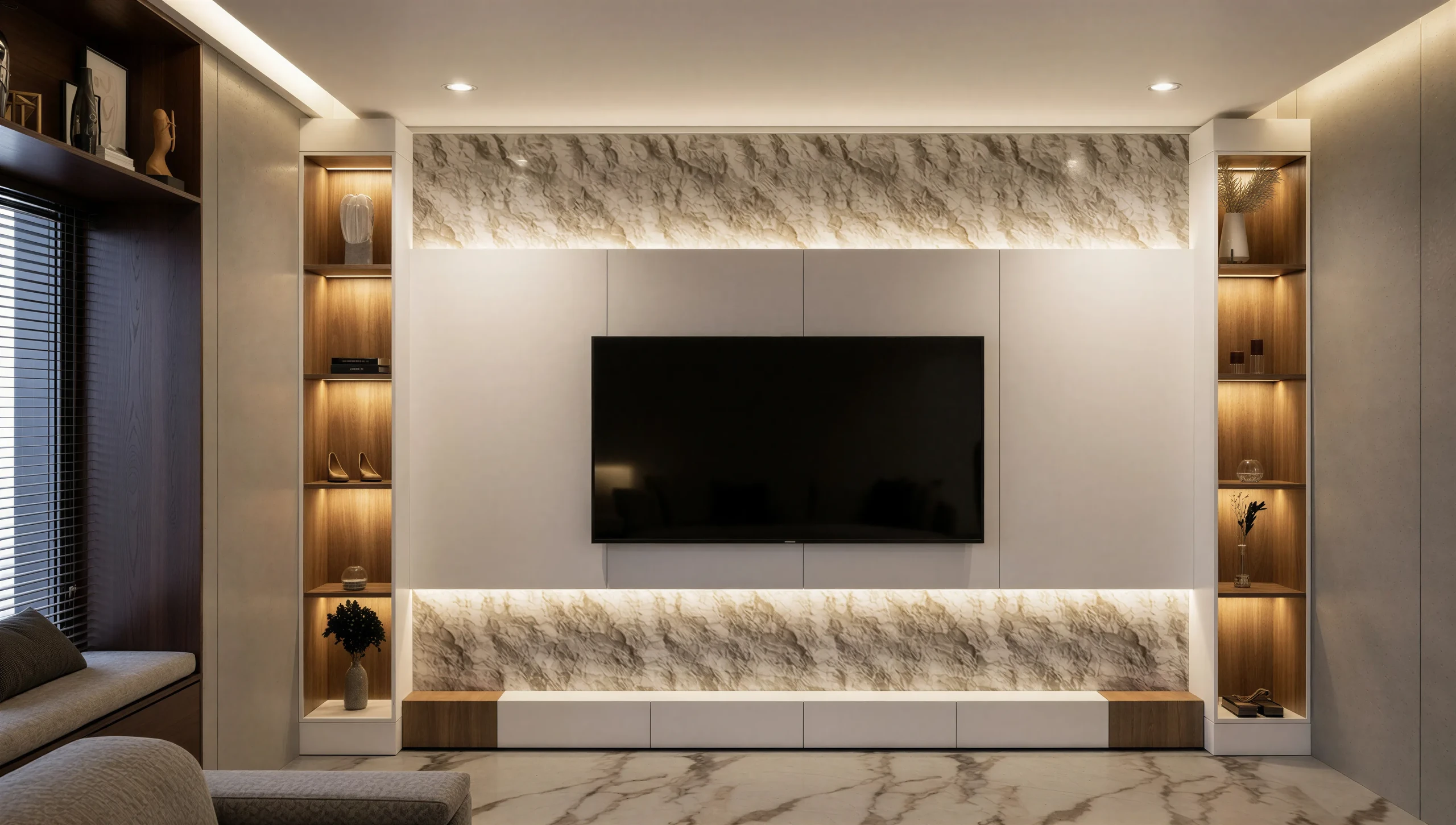 Living room with backlit stone TV wall