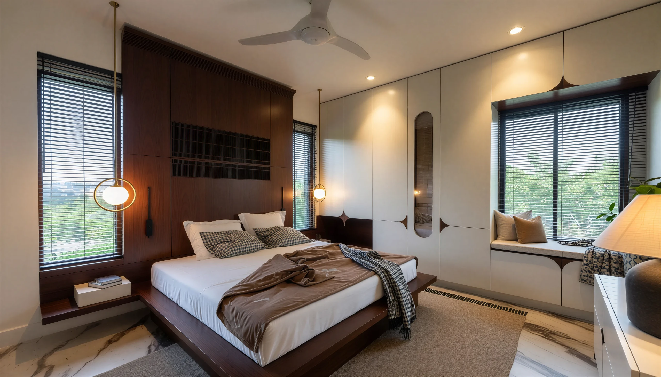 Master bedroom with walnut panelling and window seat