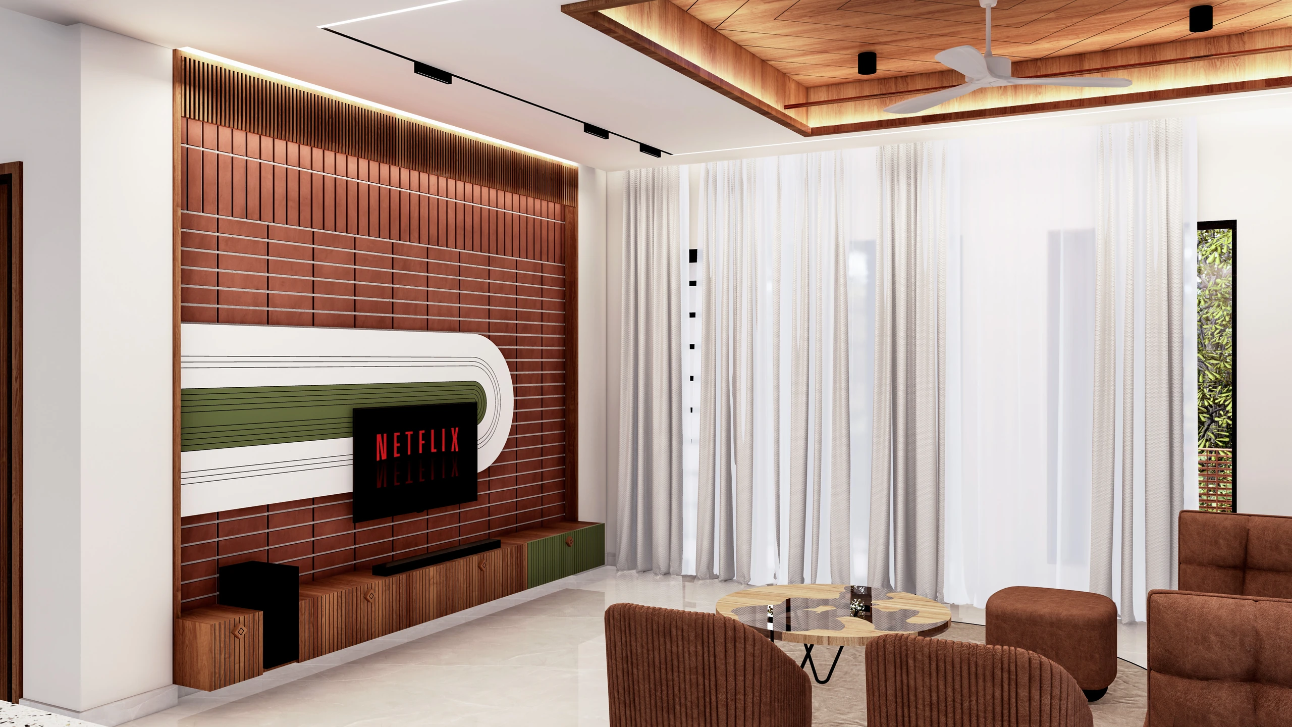 Media lounge with terracotta tile TV wall