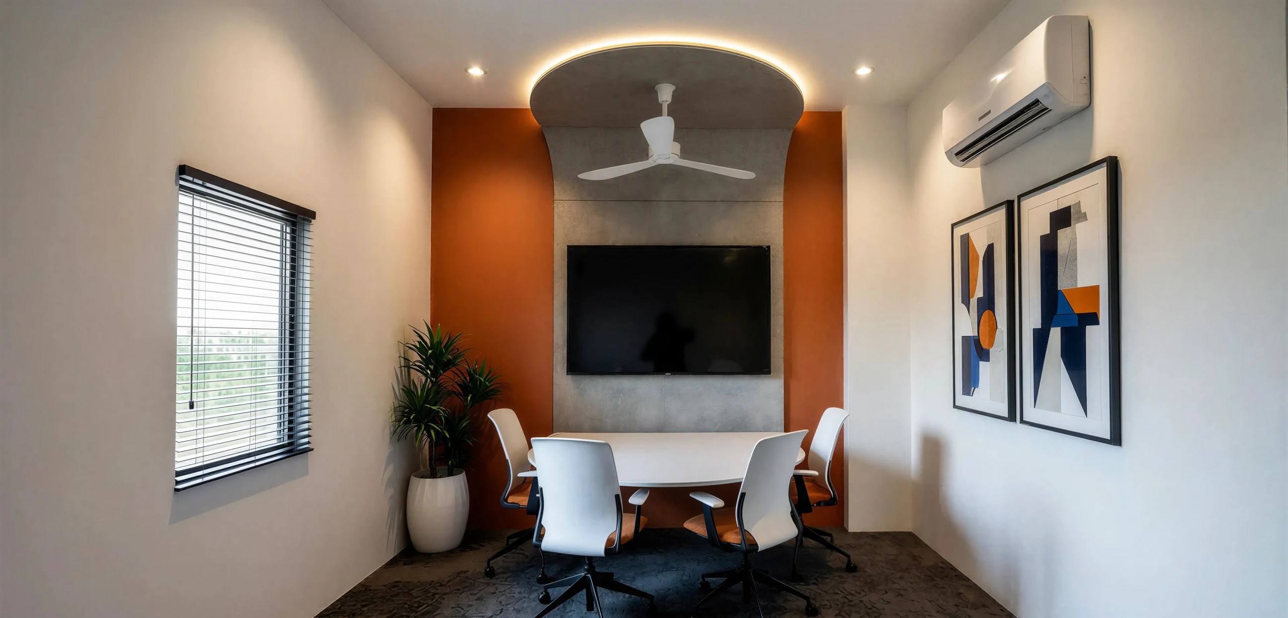 Office meeting room with rust accent wall